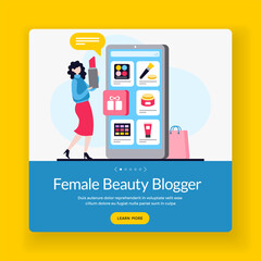 Female beauty blogger. Communication about new trends clothing and cosmetics. Video broadcasts of famous designers about style. Online shopping of makeup artists. Vector home page flat banner