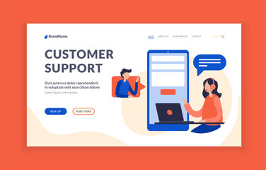 Customer support. Technical consultant assistance on user request. Hotline for solving problems with companys services. Communication and online chat in application. Vector home page flat banner