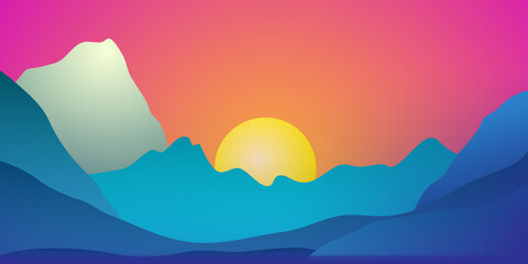 Fantastic landscape with mountains and setting sun