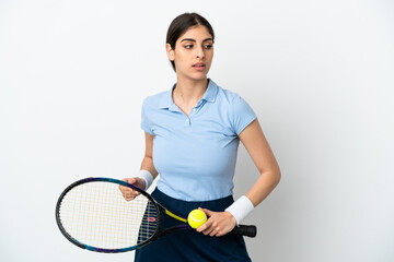 Young caucasian woman isolated on white background playing tennis