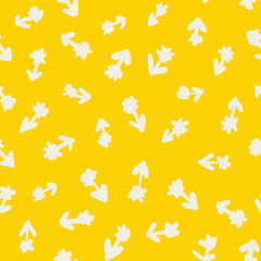 Ditsy daisy with leaves minimal seamless repeat pattern. Random placed, vector botany flowers all over print on yellow background.
