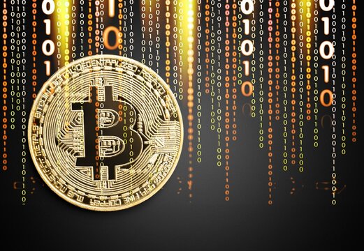 Bitcoin with technology binary code.  Digital data and numbers 0 and 1. - Powered by Adobe