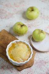 Delicious apple pie on light background, top view.