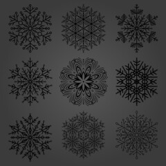Set of vector snowflakes. Black winter ornaments. Snowflakes collection. Snowflakes for backgrounds and designs