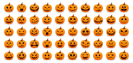Big Set pumpkins on white background. The main symbol of the Happy Halloween holiday. Orange and white pumpkin with smile for your design for the holiday Halloween. - obrazy, fototapety, plakaty