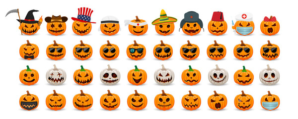 Big Set pumpkins with different characters. The main symbol of the Happy Halloween holiday. Orange and white pumpkin with smile for your design for the holiday Halloween.