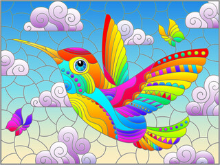 An illustration in the style of a stained glass window with a bright cartoon hummingbird bird on a background of blue sky and clouds