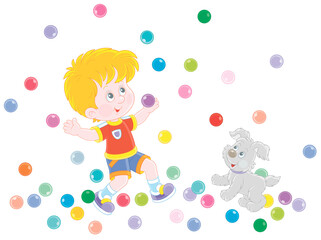 Happy little boy and his cute merry pup playing with jumping color balls on a playground, vector cartoon illustration isolated on a white background