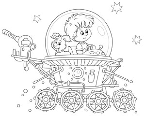 Little boy with his small pup piloting a toy lunar rover in an expedition somewhere beyond the planet Earth, black and white outline vector cartoon illustration for a coloring book page