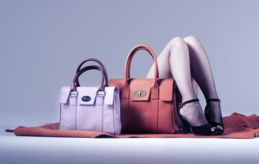 Woman`s legs with leather handbags
