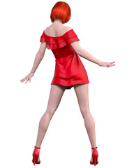 Beautiful redhead woman in light summer waving dress.