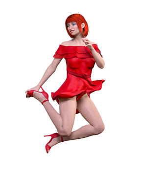 Beautiful redhead woman in light summer waving dress.