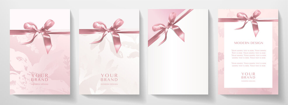 Holiday cover design set. Elegant pink ribbon (bow) with floral pattern on background. Luxury premium vector collection for invitation template (invite card), anniversary greeting or gift certificate
