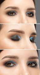 Portrait of attractive girl with healthy clean skin and beautiful make-up. Aesthetic cosmetology and makeup concept.