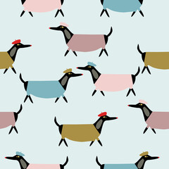 Funny dachshund dogs dressed in french style seamless pattern. Vector illustration