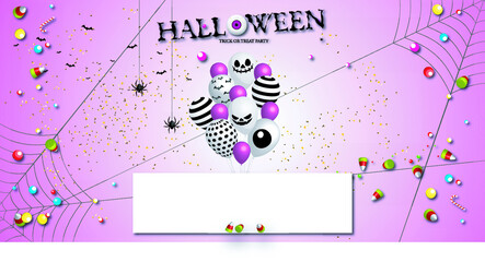 Violet Halloween background with balloons with Halloween motifs, many candies, bats and cobwebs, with blank central lower rectangle for texts or logos