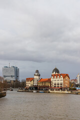 KALININGRAD, RUSSIA - MARCH 12, 2021: View of the city sights in the center Fishing village (Rybnaya derevnya)