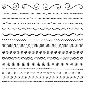 Set of vector brush lines, doodle sketches, scribble lines. Collection of design elements isolated on white background. Hand drawn strokes