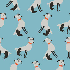 Seamless pattern of dogs with red collars on a blue background. Funny vector illustration 
