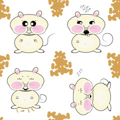 Kawaii hungry sleepy mouse peanuts vector pattern 