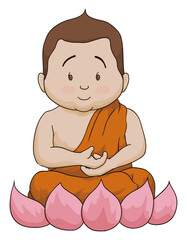 Child Budda meditating over lotus flower, Vector illustration