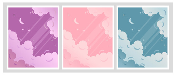 Clouds with stars and moon sky on different backgrounds, set