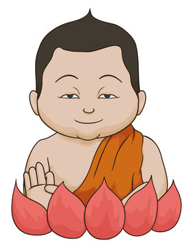 Child Buddha with Mudrakhya gesture over lotus flower, Vector illustration