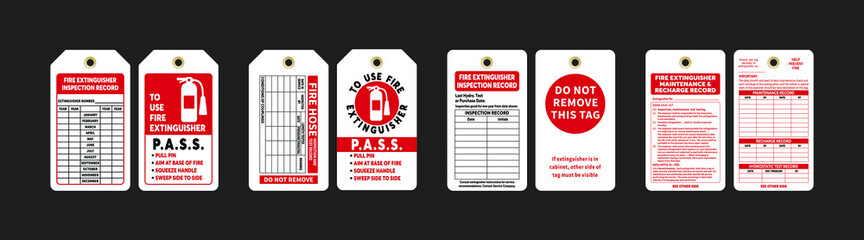 Fire Extinguisher Inspection Record Tag vector illustrations. Four types of front and back design templates. Isolated on black background.