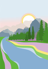 Vector illustration of a summer landscape with meadows, trees and sunrise in the mountains.