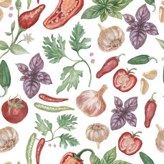 Chili pepper spices watercolor hand drawn illustration. Print textile patiern seamless set background, spicy food