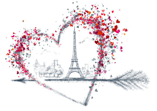 Valentine's Day. Postcard for February 14. A big heart, and in it, Paris. People's favorite city. City of lovers. Paris is forever in my heart.  Drawing made with hearts. Postcard for Paris.