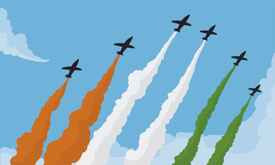 Airshow display with airplanes with colored smoke like Indian flag, Vector illustration - obrazy, fototapety, plakaty