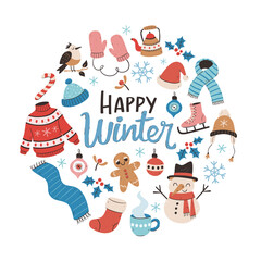 Hand drawn winter card with winter elements. Winter clothes, snowman, birds, leaves and christmas decoration. Colorful vector illustration with isolated elements.