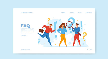 FAQ concept of men looking through magnifying glass at interrogation point and question mark. Vecror illustration of searching solutions, useful information, customer support, solving problem, choice.