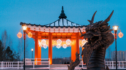 South korean new year. Christmas pagoda and Dragon