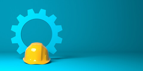 Yellow protective helmet on a blue symbolic gear background. 3D render template for the Builder's and  Engineer's Day, Labor Day, a construction company anniversary or a new project start banner. - obrazy, fototapety, plakaty