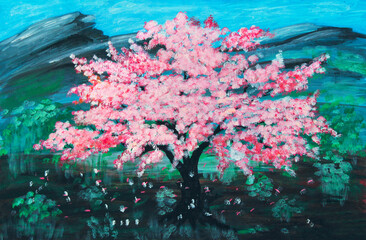 One pink sakura cherry tree in bloom on field