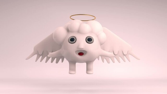 Loop 3d animation of a cute flying angel with a golden ring. A symbol of success, joy and well-being. A flying toy.