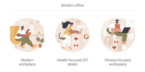 Modern office abstract concept vector illustration set. Modern workplace, health-focused IOT desks, fitness-focused lifestyle, employee happiness and well-being, activity tracking abstract metaphor.