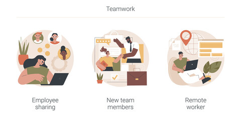 Teamwork abstract concept vector illustration set. Employee sharing, new team members, remote worker, online job, distance team, outsource freelancer, sign contract, adaptation abstract metaphor.