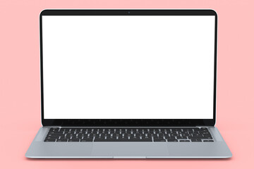 Realistic aluminum laptop with empty white screen isolated on pink background.