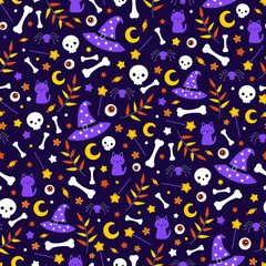 Seamless vector pattern in cartoon style with hand-drawn Halloween elements. Cat, witch hat, magic wand, moon, skull, eye and bones in a funny childish print on a dark blue background for textiles