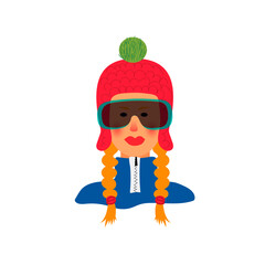 Female snowboarder avatar. Young woman in sportswear and ski goggles. Flat vector illustration isolated on white. Cartoon style.