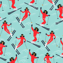 Fototapeta na wymiar Winter sport seamless pattern. Young beautiful woman skiing in mountains. Colorful vector illustration.