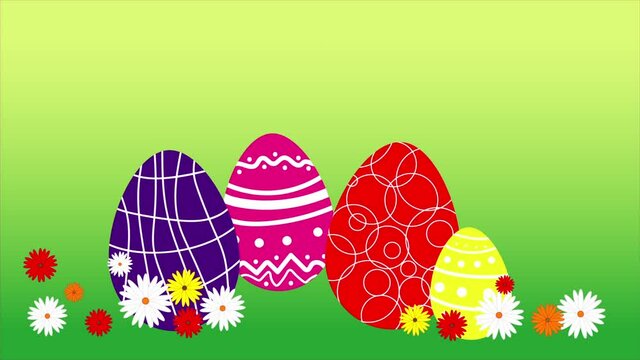 Funny cartoon rabbit and colorful eggs on green background. Easter hd animation.