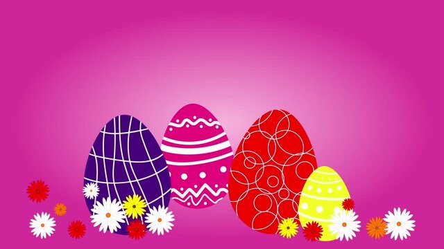 Funny cartoon rabbit and colorful eggs on pink background. Happy easter hd animation.