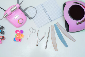 manicure and pedicure equipment for nail bar set on white background top view