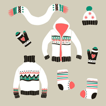 ute Collection of Woolen Clothes. Hand Drawn Pullover, Sweatshirt, Mittens, Scarf, Hat and Socks. Doodle vector illustration.