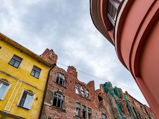 Vyborg, Russia, July 25, 2021. Fragment of a typical facade of a building of a historical...