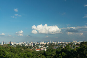 Perfil da cidade, com c&eacute;u azul e poucas nuvens, visto da torre de acesso &agrave; parte inferior do Bosque Alem&atilde;o em Curitiba, Paran&aacute; Brasil.